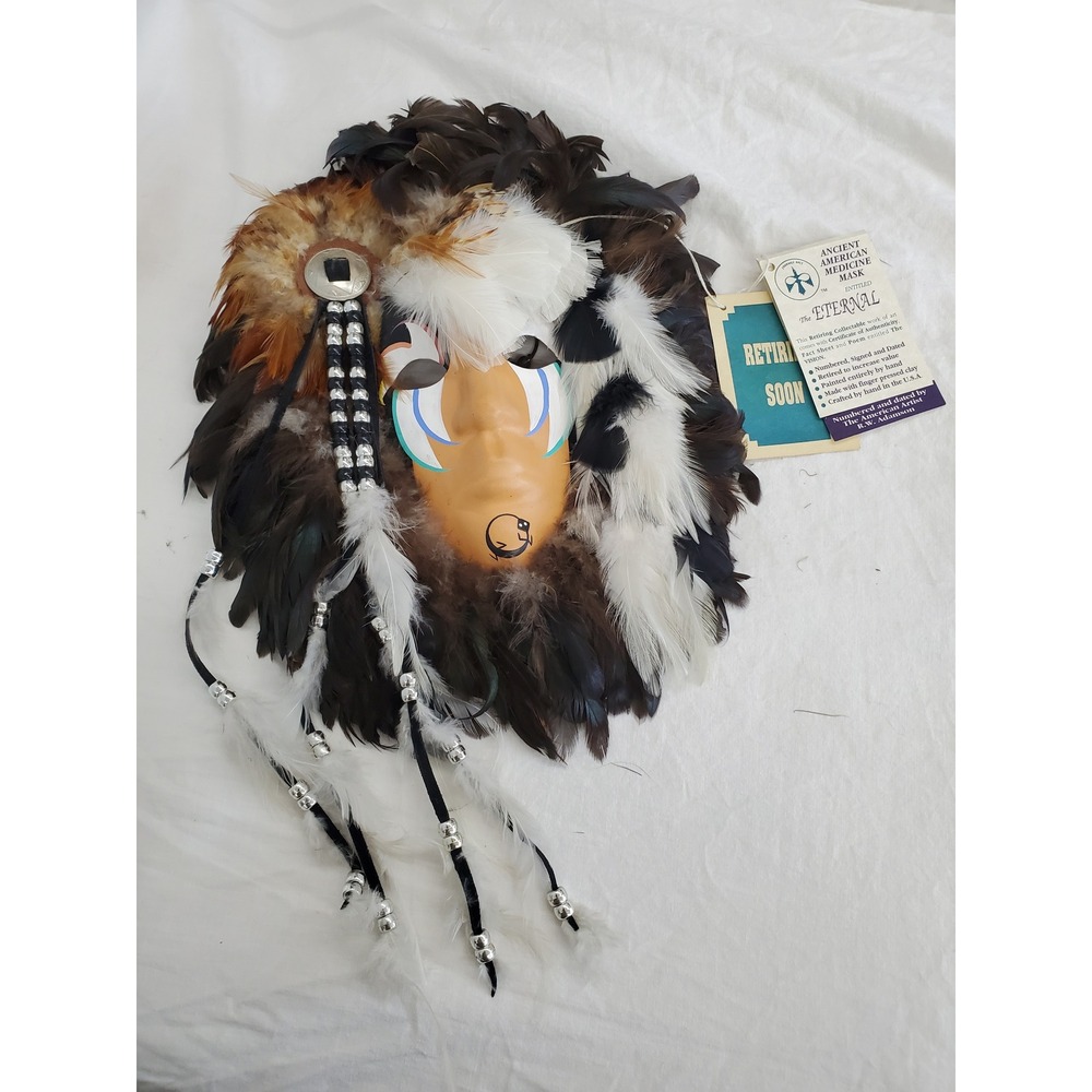 RW Adamson The Eternal Ancient American Medicine Mask Hand Painted Clay Feathers